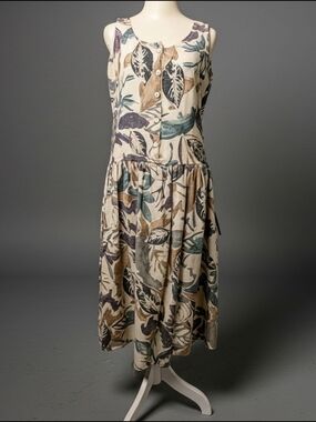 90s Sleeveless Leaf-Print Midi Dress
